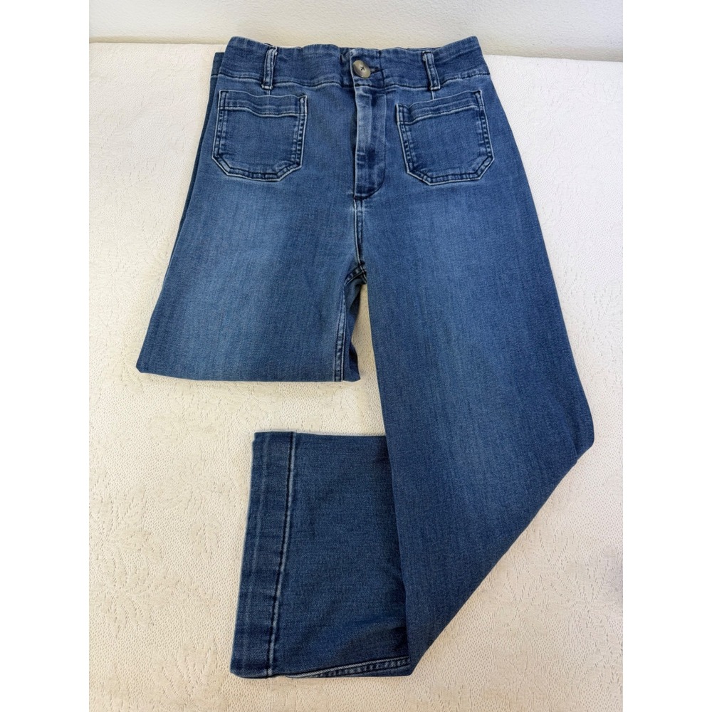 Anthropologie Pilcro High Rise Wide Leg Patch Pocket Jeans Blue Denim Size 28